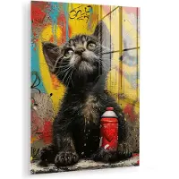 MuchoWow Glasschilderij 120x160 cm - Schilderij acrylglas - Graffiti - Kitten - Street art - Kat - Dier - Foto op glas - Muurdecoratie woonkamer - Wanddecoratie slaapkamer - Schilderijen