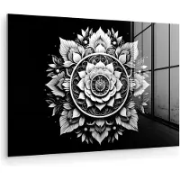 MuchoWow Glasschilderij 60x40 cm - Schilderij acrylglas - Mandala - Zwart - Wit - Bloemen - Foto op glas - Muurdecoratie woonkamer - Wanddecoratie slaapkamer - Schilderijen