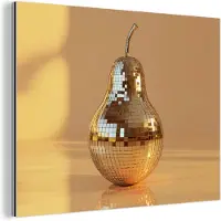 MuchoWow Aluminium schilderij 120x90 cm - Wanddecoratie metaal - Goud - Disco - Glitter - Peer - Metalen muurdecoratie woonkamer - Decoratie industrieel - Foto op dibond - Industriële accessoires slaapkamer