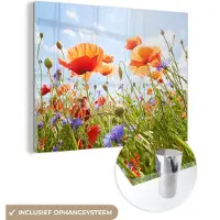 MuchoWow Glasschilderij 160x120 cm - Schilderij acrylglas - Bloemen - Klaproos - Lente - Natuur - Rood - Blauw - Foto op glas - Muurdecoratie woonkamer - Wanddecoratie slaapkamer - Schilderijen