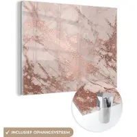MuchoWow Glasschilderij 160x120 cm - Schilderij acrylglas - Marmer - Roze - Luxe - Marmerlook - Glitter - Design - Foto op glas - Muurdecoratie woonkamer - Wanddecoratie slaapkamer - Schilderijen