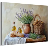 MuchoWow Aluminium schilderij 180x120 cm - Wanddecoratie metaal - Lavendel - Brood - Stilleven - Metalen muurdecoratie woonkamer - Decoratie industrieel - Foto op dibond - Industriële accessoires slaapkamer