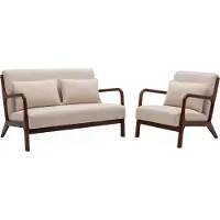 Sweeek 2 zitsbank en fauteuil van walnootkleurig hout en stof Beige