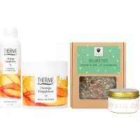 Therme Cadeauset Orange Happiness Geluk & Thee - Bodybutter 225gr Orange Happiness - Shower Foaming 200 ml Orange Happiness - ARELO Geluksthee doosje 50 gram