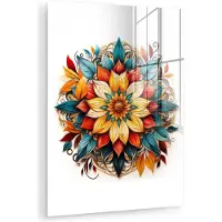 MuchoWow Glasschilderij 120x160 cm - Schilderij acrylglas - Mandala - Bloemen - Kleuren - Wit - Foto op glas - Muurdecoratie woonkamer - Wanddecoratie slaapkamer - Schilderijen