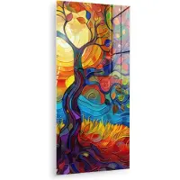 MuchoWow Glasschilderij 20x40 cm - Schilderij acrylglas - Boom - Zon - Verflook - Kleuren - Abstract - Foto op glas - Muurdecoratie woonkamer - Wanddecoratie slaapkamer - Schilderijen