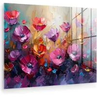 MuchoWow Glasschilderij 120x90 cm - Schilderij acrylglas - Bloemen - Paars - Kleurrijk - Handgeschilderd - Kunst - Foto op glas - Muurdecoratie woonkamer - Wanddecoratie slaapkamer - Schilderijen