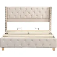 Merax Bekleed Bed 160x200 cm met Lattenbodem en Hoofdbord, Knopbekleding, Rivetversiering, Houten Poten, Linnen, Beige