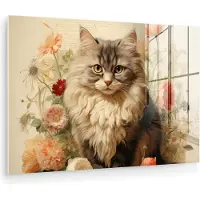 MuchoWow Glasschilderij 180x120 cm - Schilderij acrylglas - Vintage - Kat - Bloemen - Wit - Natuur - Dieren - Foto op glas - Muurdecoratie woonkamer - Wanddecoratie slaapkamer - Schilderijen