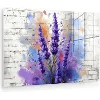 MuchoWow Glasschilderij 180x120 cm - Schilderij acrylglas - Lavendel - Graffiti - Bloemen - Paars - Bloem - Foto op glas - Muurdecoratie woonkamer - Wanddecoratie slaapkamer - Schilderijen