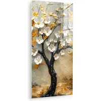MuchoWow Glasschilderij 80x160 cm - Schilderij acrylglas - Boom - Bloemen - Goud - Beige - Foto op glas - Muurdecoratie woonkamer - Wanddecoratie slaapkamer - Schilderijen