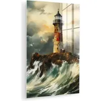 MuchoWow Glasschilderij 100x150 cm - Schilderij acrylglas - Vuurtoren - Water - Zee - Rots - Olieverf - Foto op glas - Muurdecoratie woonkamer - Wanddecoratie slaapkamer - Schilderijen