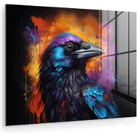 MuchoWow Glasschilderij 40x30 cm - Schilderij acrylglas - Vogel - Kraai - Graffiti - Zwart - Dieren - Foto op glas - Muurdecoratie woonkamer - Wanddecoratie slaapkamer - Schilderijen