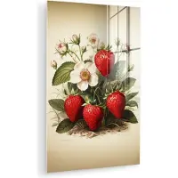 MuchoWow Glasschilderij 120x180 cm - Schilderij acrylglas - Vintage - Aardbei - Planten - Fruit - Natuur - Beige - Foto op glas - Muurdecoratie woonkamer - Wanddecoratie slaapkamer - Schilderijen