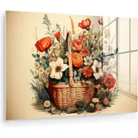 MuchoWow Glasschilderij 180x120 cm - Schilderij acrylglas - Vintage - Bloemen - Mand - Beige - Kleuren - Foto op glas - Muurdecoratie woonkamer - Wanddecoratie slaapkamer - Schilderijen