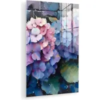 MuchoWow Glasschilderij 120x180 cm - Schilderij acrylglas - Hortensia - Graffiti - Bloemen - Paarse hortensia's - Foto op glas - Muurdecoratie woonkamer - Wanddecoratie slaapkamer - Schilderijen