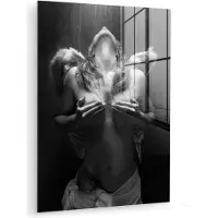 MuchoWow Glasschilderij 120x160 cm - Schilderij acrylglas - Vrouw - Engel - Veren - Portret - Zwart wit - Foto op glas - Muurdecoratie woonkamer - Wanddecoratie slaapkamer - Schilderijen
