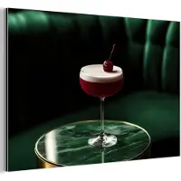 MuchoWow Aluminium schilderij 90x60 cm - Wanddecoratie metaal - Kers - Cocktail - Rood - Marmer - Metalen muurdecoratie woonkamer - Decoratie industrieel - Foto op dibond - Industriële accessoires slaapkamer