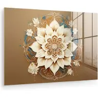 MuchoWow Glasschilderij 150x100 cm - Schilderij acrylglas - Mandala - Bloemen - Wit - Bruin - Foto op glas - Muurdecoratie woonkamer - Wanddecoratie slaapkamer - Schilderijen