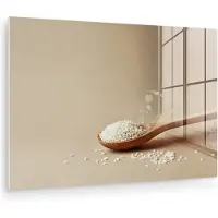 MuchoWow Glasschilderij 30x20 cm - Schilderij acrylglas - Lepel - Rijst - Hout - Beige - Foto op glas - Muurdecoratie woonkamer - Wanddecoratie slaapkamer - Schilderijen