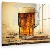 MuchoWow Glasschilderij 160x120 cm - Schilderij acrylglas - Vintage - Bier - Pul - Hout - Tafel - Drinken - Foto op glas - Muurdecoratie woonkamer - Wanddecoratie slaapkamer - Schilderijen