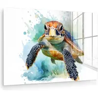 MuchoWow Glasschilderij 180x120 cm - Schilderij acrylglas - Schildpad - Blauw - Wit - Natuur - Dieren - Foto op glas - Muurdecoratie woonkamer - Wanddecoratie slaapkamer - Schilderijen