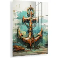 MuchoWow Glasschilderij 120x160 cm - Schilderij acrylglas - Anker - Blauw - Wit - Maritiem - Foto op glas - Muurdecoratie woonkamer - Wanddecoratie slaapkamer - Schilderijen