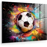 MuchoWow Glasschilderij 160x120 cm - Schilderij acrylglas - Voetbal - Verf - Kleuren - Zwart - Wit - Foto op glas - Muurdecoratie woonkamer - Wanddecoratie slaapkamer - Schilderijen