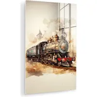 MuchoWow Glasschilderij 100x150 cm - Schilderij acrylglas - Vintage - Trein - Spoor - Gebouw - Beige - Foto op glas - Muurdecoratie woonkamer - Wanddecoratie slaapkamer - Schilderijen