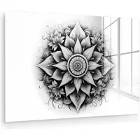 MuchoWow Glasschilderij 60x40 cm - Schilderij acrylglas - Mandala - Zwart - Wit - Bloemen - Foto op glas - Muurdecoratie woonkamer - Wanddecoratie slaapkamer - Schilderijen