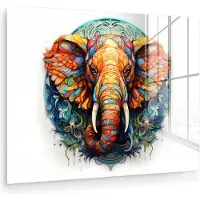 MuchoWow Glasschilderij 160x120 cm - Schilderij acrylglas - Mandala - Olifant - Kleuren - Dieren - Wit - Foto op glas - Muurdecoratie woonkamer - Wanddecoratie slaapkamer - Schilderijen