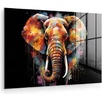 MuchoWow Glasschilderij 150x100 cm - Schilderij acrylglas - Olifant - Graffiti - Zwart - Dieren - Kleuren - Foto op glas - Muurdecoratie woonkamer - Wanddecoratie slaapkamer - Schilderijen