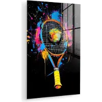MuchoWow Glasschilderij 60x90 cm - Schilderij acrylglas - Graffiti - Sport - Tennis - Raket - Bal - Foto op glas - Muurdecoratie woonkamer - Wanddecoratie slaapkamer - Schilderijen