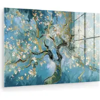 MuchoWow Glasschilderij 180x120 cm - Schilderij acrylglas - Amandelbloesem boom - Blauw - Abstract - Foto op glas - Muurdecoratie woonkamer - Wanddecoratie slaapkamer - Schilderijen