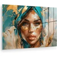 MuchoWow Glasschilderij 120x80 cm - Schilderij acrylglas - Vrouw - Portret - Goud - Luxe - Blauw - Foto op glas - Muurdecoratie woonkamer - Wanddecoratie slaapkamer - Schilderijen