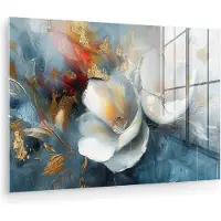 MuchoWow Glasschilderij 30x20 cm - Schilderij acrylglas - Bloemen - Wit - Goud - Kunst - Abstract - Foto op glas - Muurdecoratie woonkamer - Wanddecoratie slaapkamer - Schilderijen