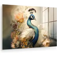 MuchoWow Glasschilderij 180x120 cm - Schilderij acrylglas - Pauw - Pauwenveren - Bloemen - Vogels - Botanisch - Foto op glas - Muurdecoratie woonkamer - Wanddecoratie slaapkamer - Schilderijen