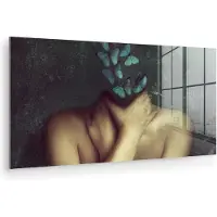 MuchoWow Glasschilderij 120x60 cm - Schilderij acrylglas - Torso - Stilleven - Vlinders - Blauw - Foto op glas - Muurdecoratie woonkamer - Wanddecoratie slaapkamer - Schilderijen