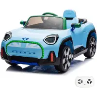 Vrooomy MINI Aceman Elektrische kinderauto 12V (1–5 jaar) – Officieel gelicenseerd, met afstandsbediening, EVA-banden, Bluetooth en lederen stoel – Elektrisch kinderauto – Blauw