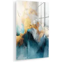 MuchoWow Glasschilderij 100x150 cm - Schilderij acrylglas - Abstract - Kunst - Gold - Blauw - Foto op glas - Muurdecoratie woonkamer - Wanddecoratie slaapkamer - Schilderijen
