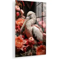 MuchoWow Glasschilderij 100x150 cm - Schilderij acrylglas - Pelikaan - Dier - Bloemen - Natuur - Botanisch - Roze - Foto op glas - Muurdecoratie woonkamer - Wanddecoratie slaapkamer - Schilderijen