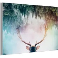 MuchoWow Aluminium schilderij 60x40 cm - Wanddecoratie metaal - Hert - Gewei - Bos - Mist - Metalen muurdecoratie woonkamer - Decoratie industrieel - Foto op dibond - Industriële accessoires slaapkamer