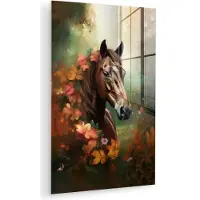 MuchoWow Glasschilderij 120x180 cm - Schilderij acrylglas - Paard - Bloemen - Natuur - Dieren - Bos - Oranje - Foto op glas - Muurdecoratie woonkamer - Wanddecoratie slaapkamer - Schilderijen