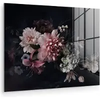 MuchoWow Glasschilderij bloemen - Vintage - Pastel - Zwart - Boeket - Schilderij glas - Woonkamer - 160x120 cm - Decoratie bloemen - Kamer decoratie - Wanddecoratie