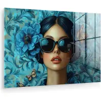 MuchoWow Glasschilderij 90x60 cm - Schilderij acrylglas - Vrouw - Bloemen - Vlinders - Blauw - Abstract - Foto op glas - Muurdecoratie woonkamer - Wanddecoratie slaapkamer - Schilderijen