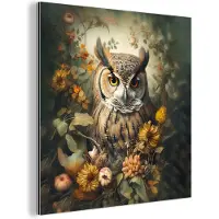 MuchoWow Aluminium schilderij 50x50 cm - Wanddecoratie metaal - Uil - Vogels - Bloemen - Natuur - Metalen muurdecoratie woonkamer - Decoratie industrieel - Foto op dibond - Industriële accessoires slaapkamer