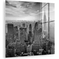 MuchoWow Glasschilderij 90x90 cm - Schilderij acrylglas - Architectuur - Zwart wit - Stad - Skyline - New York - Foto op glas - Muurdecoratie woonkamer - Wanddecoratie slaapkamer - Schilderijen