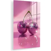 MuchoWow Glasschilderij 100x150 cm - Schilderij acrylglas - Glitter - Discobol - Roze - Kersen - Foto op glas - Muurdecoratie woonkamer - Wanddecoratie slaapkamer - Schilderijen