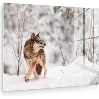 MuchoWow Glasschilderij 160x120 cm - Schilderij acrylglas - Wolf - Winter - Sneeuw - Natuur - Dieren - Foto op glas - Muurdecoratie woonkamer - Wanddecoratie slaapkamer - Schilderijen