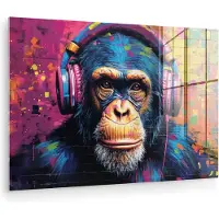 MuchoWow Glasschilderij 30x20 cm - Schilderij acrylglas - Graffiti - Chimpansee - Street art - Koptelefoon - Aap - Foto op glas - Muurdecoratie woonkamer - Wanddecoratie slaapkamer - Schilderijen
